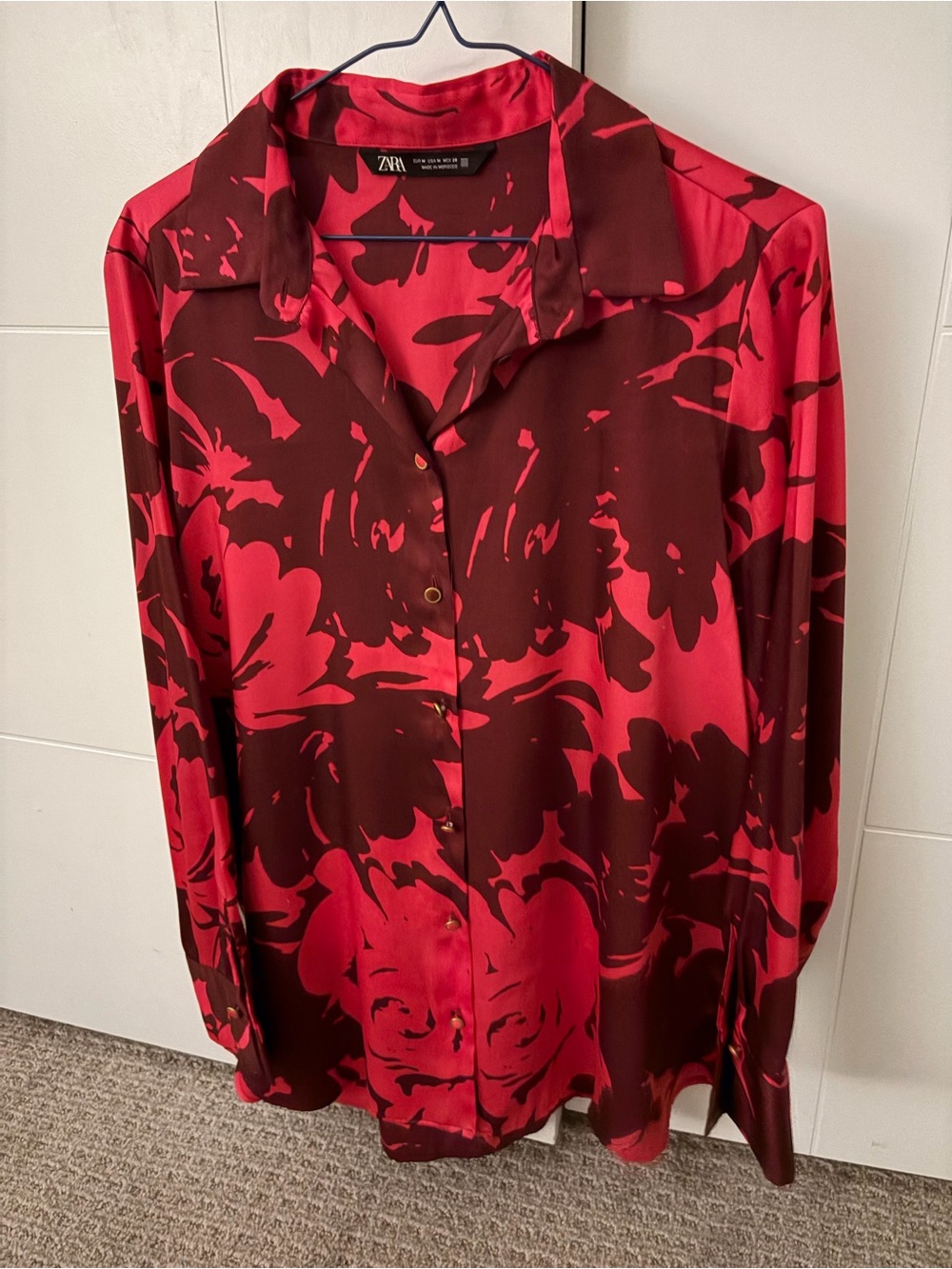 Zara Red and Burgundy Floral-Print Long-Sleeve Button-Down Shirt